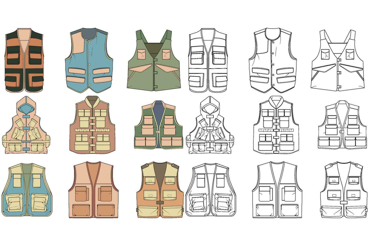 plein Couleur vecteur dessin gilet ensemble, gilet avec esquisser style, formation modèle vecteur gilet, vecteur illustration.