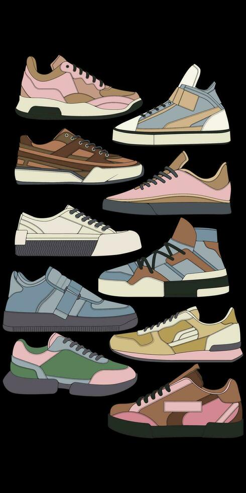 ensemble de des chaussures baskets dessin vecteur, baskets tiré dans une esquisser style, groupage baskets formateurs modèle, vecteur illustration.