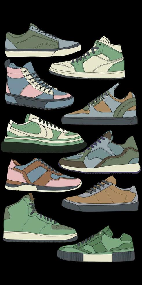 ensemble de des chaussures baskets dessin vecteur, baskets tiré dans une esquisser style, groupage baskets formateurs modèle, vecteur illustration.