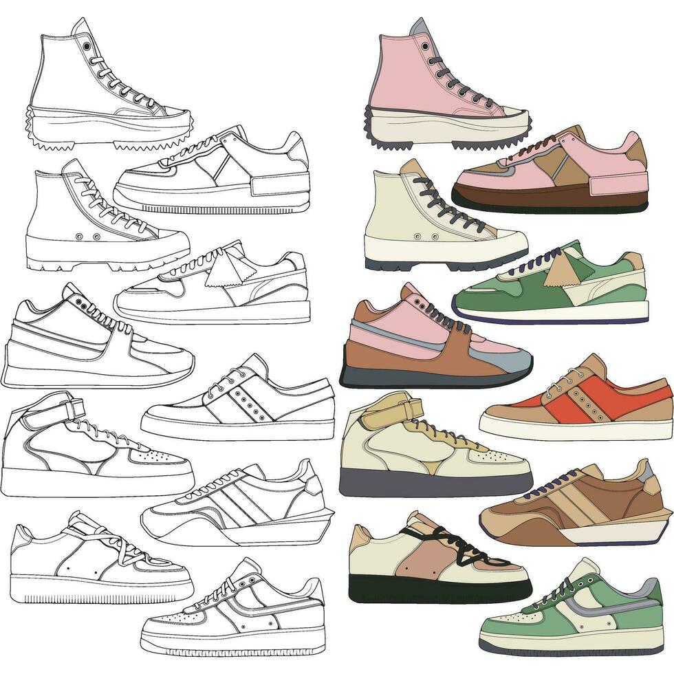 ensemble de des chaussures baskets dessin vecteur, baskets tiré dans une esquisser style, groupage baskets formateurs modèle, vecteur illustration.