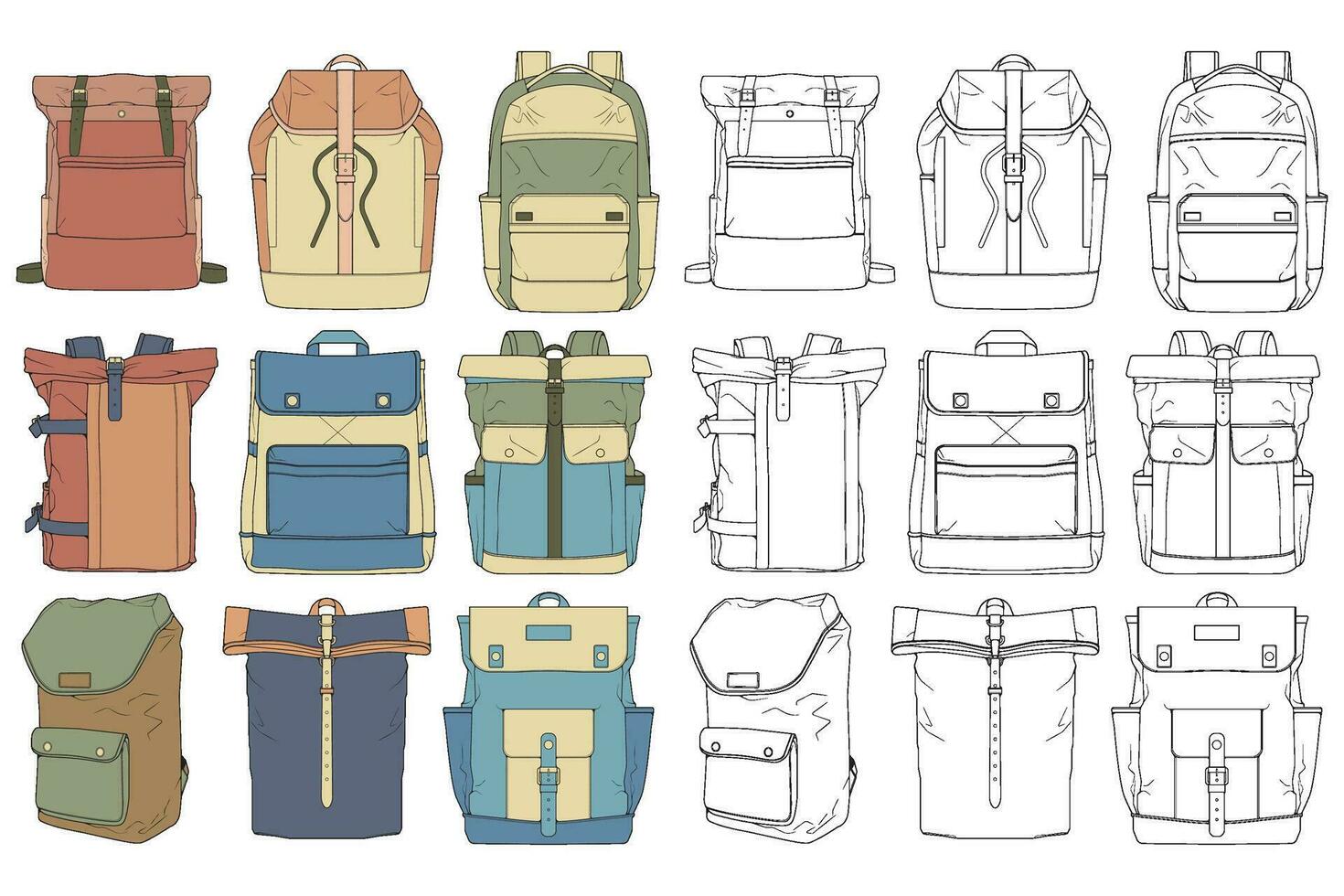 main tiré coloré vecteur ensemble de sacs à dos. dessin animé décontractée sac à dos, cool sac à dos coloré. sacs à dos vecteur illustration.