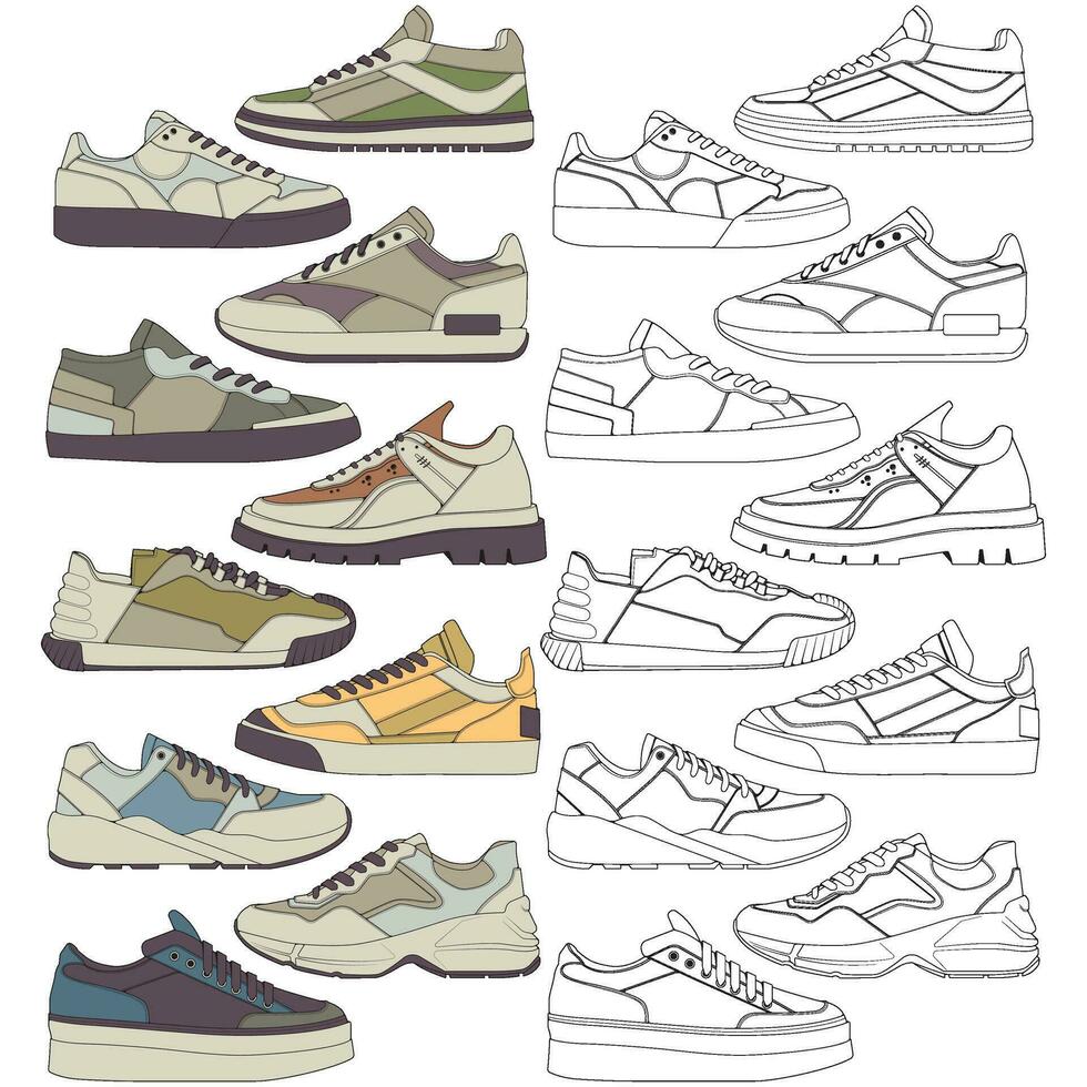 ensemble de des chaussures baskets dessin vecteur, baskets tiré dans une esquisser style, groupage baskets formateurs modèle, vecteur illustration.