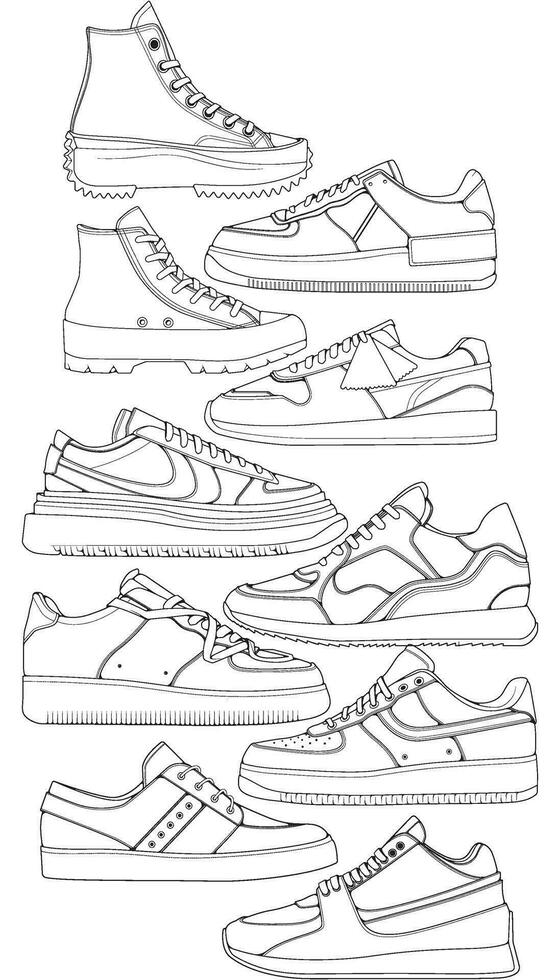 ensemble de des chaussures baskets contour dessin vecteur, baskets tiré dans une esquisser style, groupage baskets formateurs modèle contour, vecteur illustration.