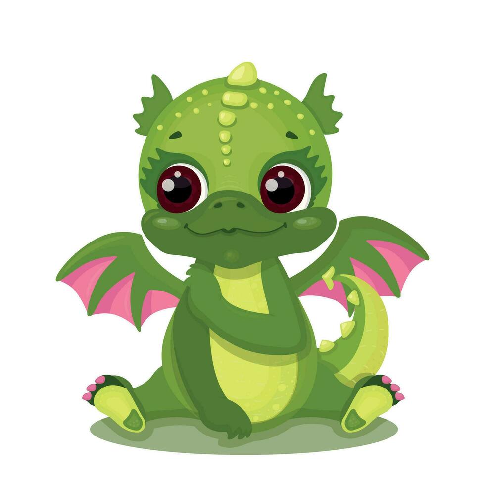 vert mignonne dragon avec rose ailes, symbole de le an. enfants vecteur illustration.