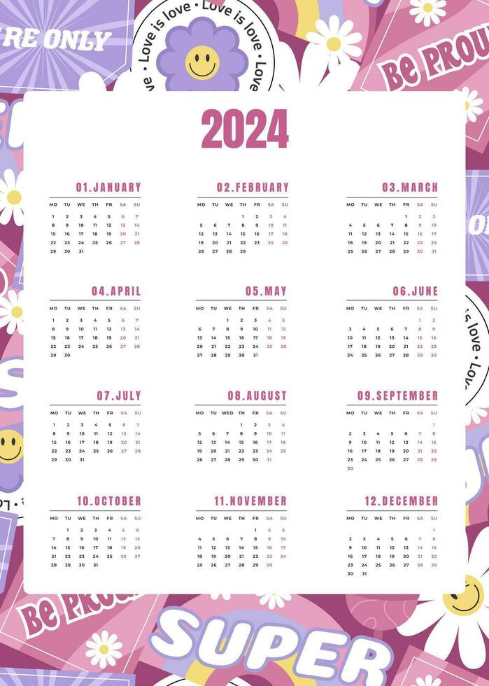 y2k verticale calendrier pour 2024 vecteur