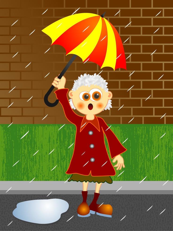 mamie drôle de bande dessinée debout sous la pluie vecteur