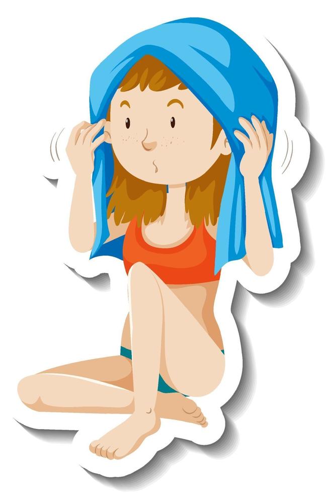 fille se séchant les cheveux avec un autocollant de personnage de dessin animé de serviette vecteur