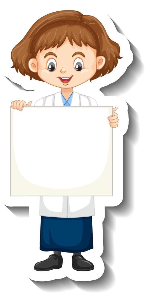 autocollant de personnage de dessin animé avec une fille scientifique tenant un tableau vide vecteur