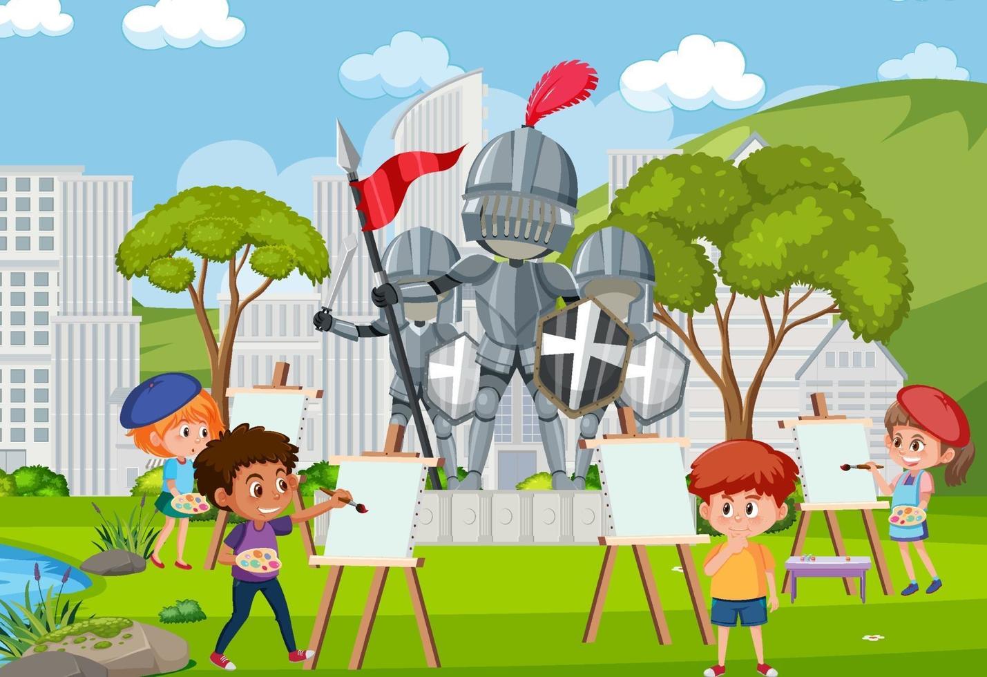 Enfants dessinant une statue de chevalier au parc vecteur