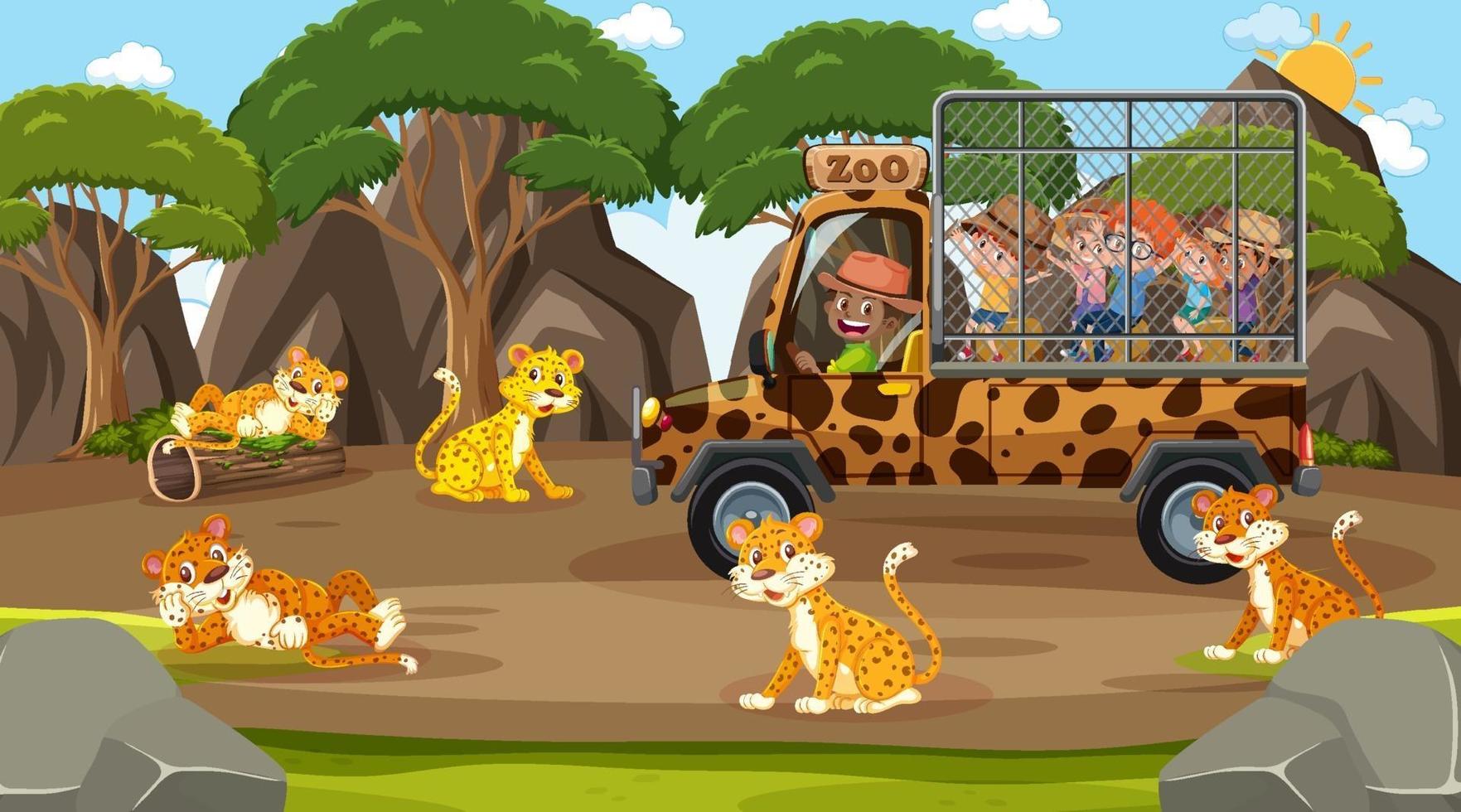 safari à la scène de jour avec des enfants regardant le léopard vecteur