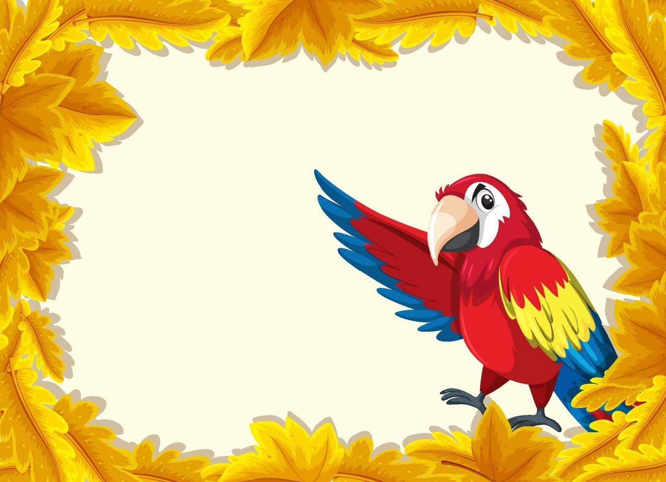 modèle de bannière de feuilles jaunes avec personnage de dessin animé d'oiseau perroquet vecteur