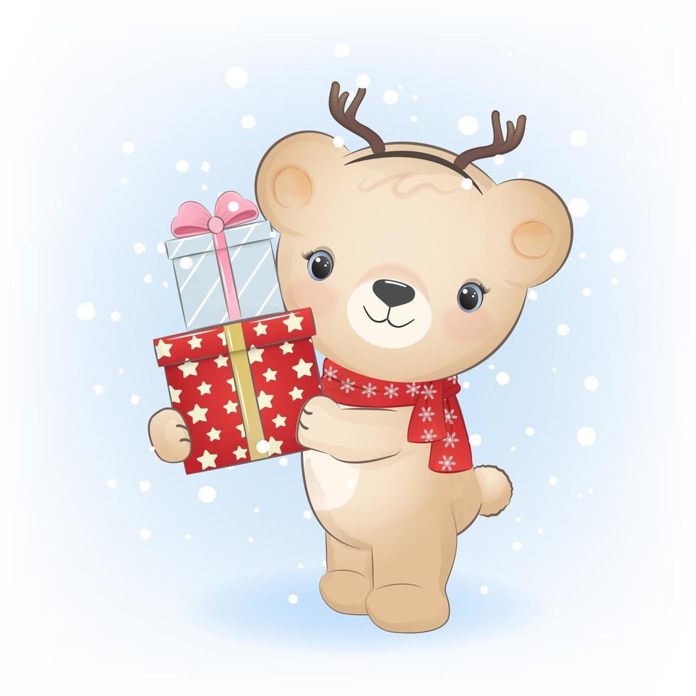 mignon petit ours avec boîte-cadeau en hiver. illustration de Noël. vecteur