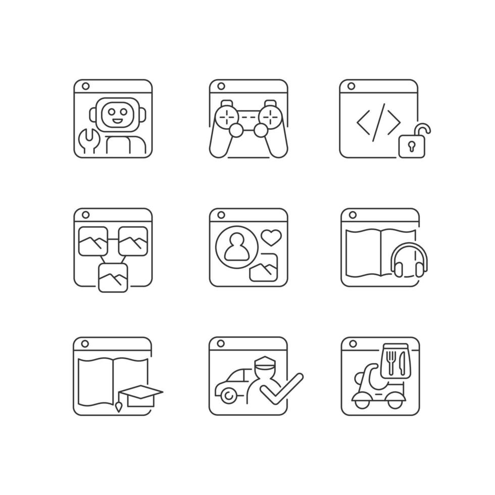 Ensemble d'icônes linéaires d'applications Internet destinées au public vecteur
