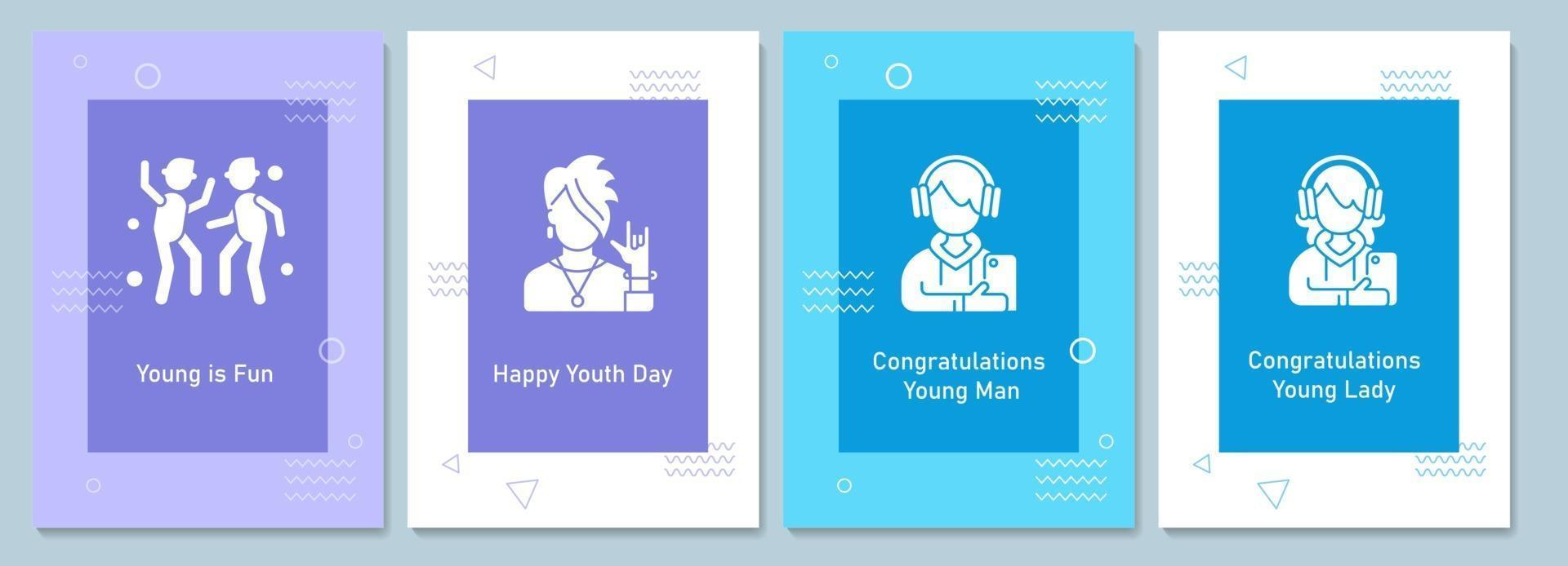 cartes de voeux de célébration de la journée mondiale de la jeunesse avec jeu d'éléments d'icônes de glyphe vecteur