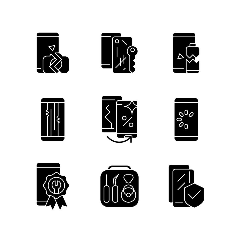 icônes de glyphe noir de réparation de téléphone sur un espace blanc vecteur