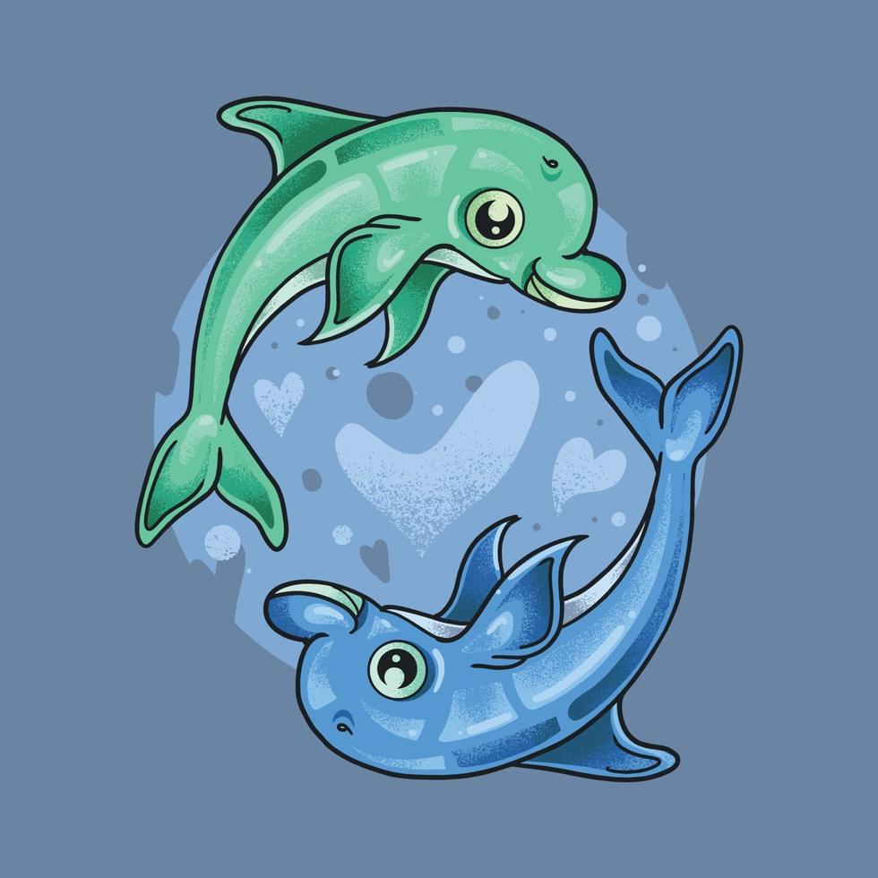 deux petits dauphins jouant ensemble vecteur d'illustration de style grunge