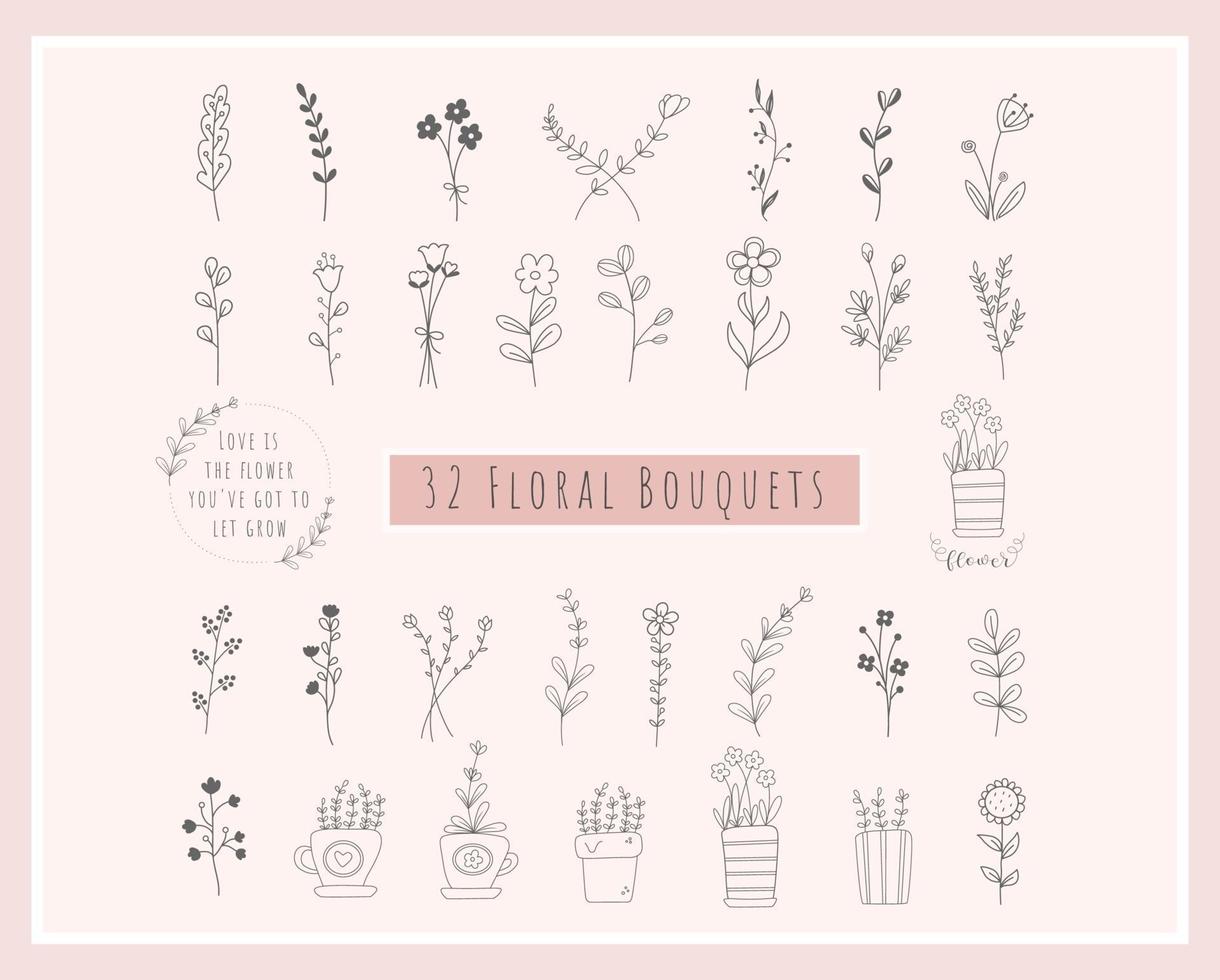 Lot de 32 bouquets de fleurs. fleurs dessinées à la main, minimaliste, fleurs sauvages vecteur