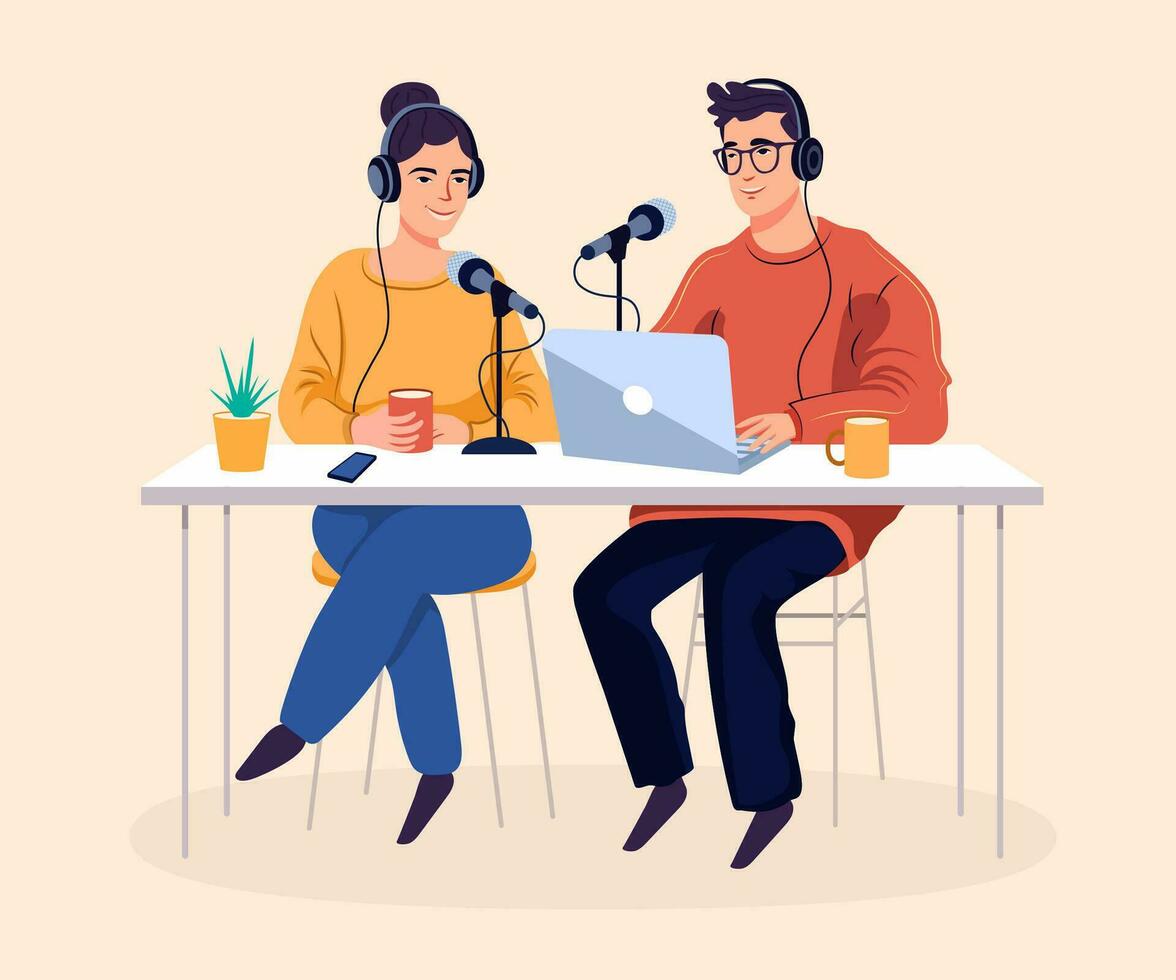 Podcast femme et Hommes séance à le table vecteur