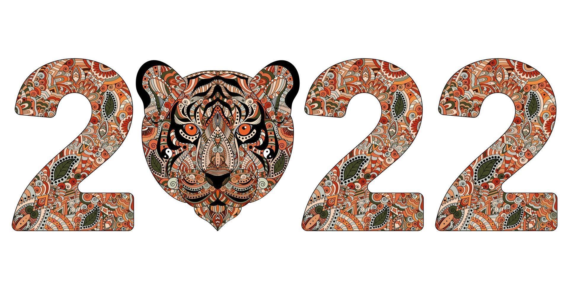 l'année du tigre. nombres zentangle dessinés à la main 2022 avec tigre. vecteur