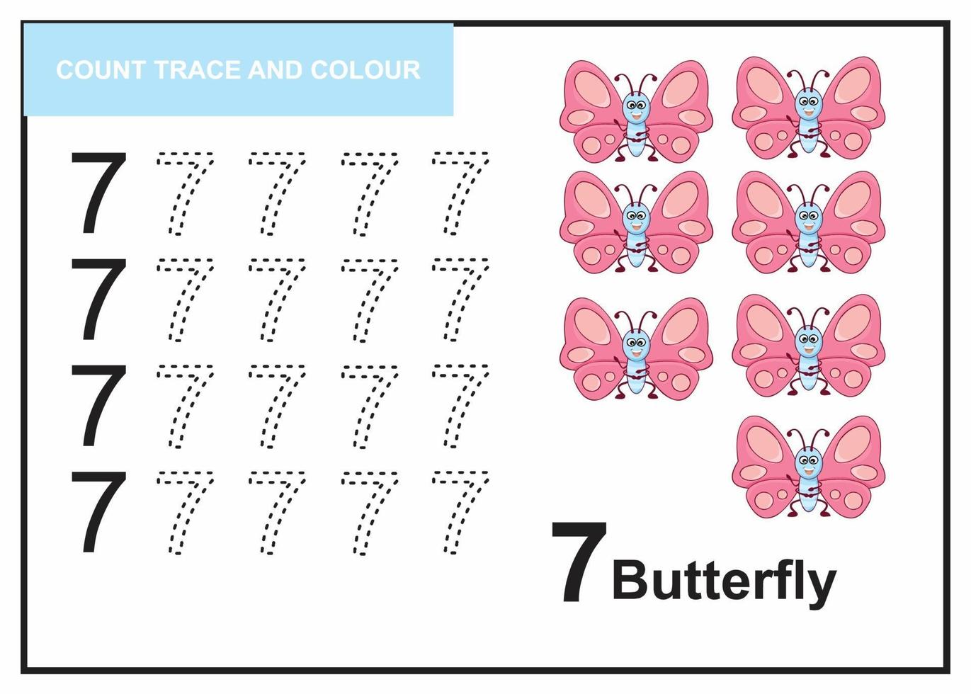 compter trace et couleur papillon numéro 7 vecteur