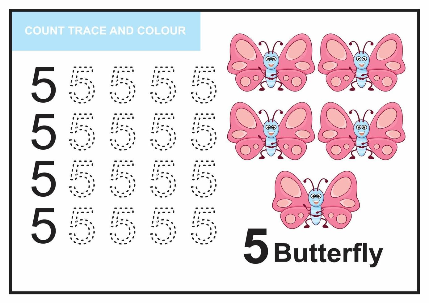 compter trace et couleur papillon numéro 5 vecteur