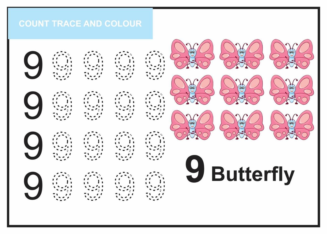 compter trace et couleur papillon numéro 9 vecteur