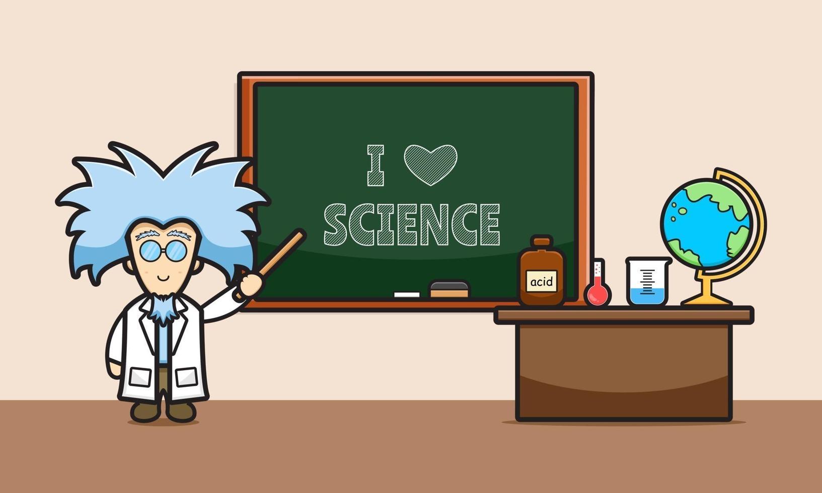 scientifique mignon dans l'illustration de l'icône de dessin animé en classe vecteur