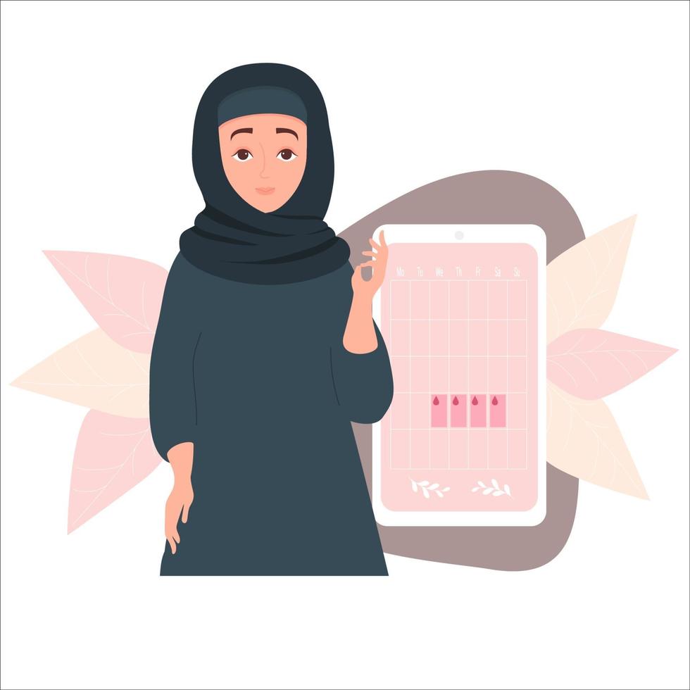 femme musulmane en hijab et calendrier de menstruation sur smartphone vecteur