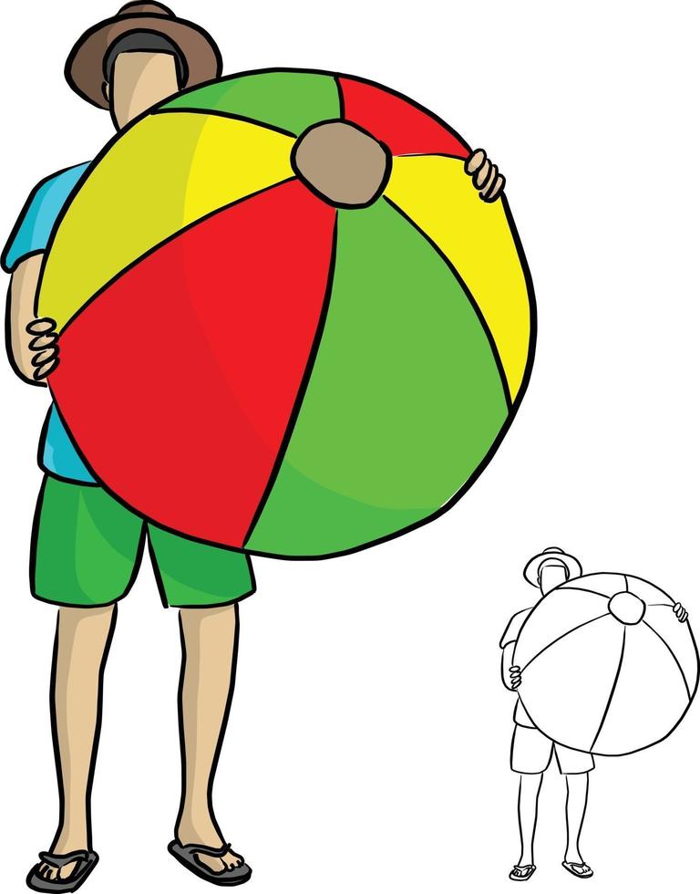 homme de dessin animé cool dans des lunettes de soleil et un chapeau tenant un gros ballon de plage vecteur