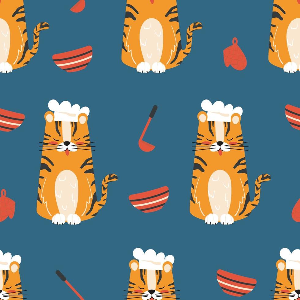 modèle sans couture de cuisine pour enfants avec personnage de tigre et articles de cuisine vecteur