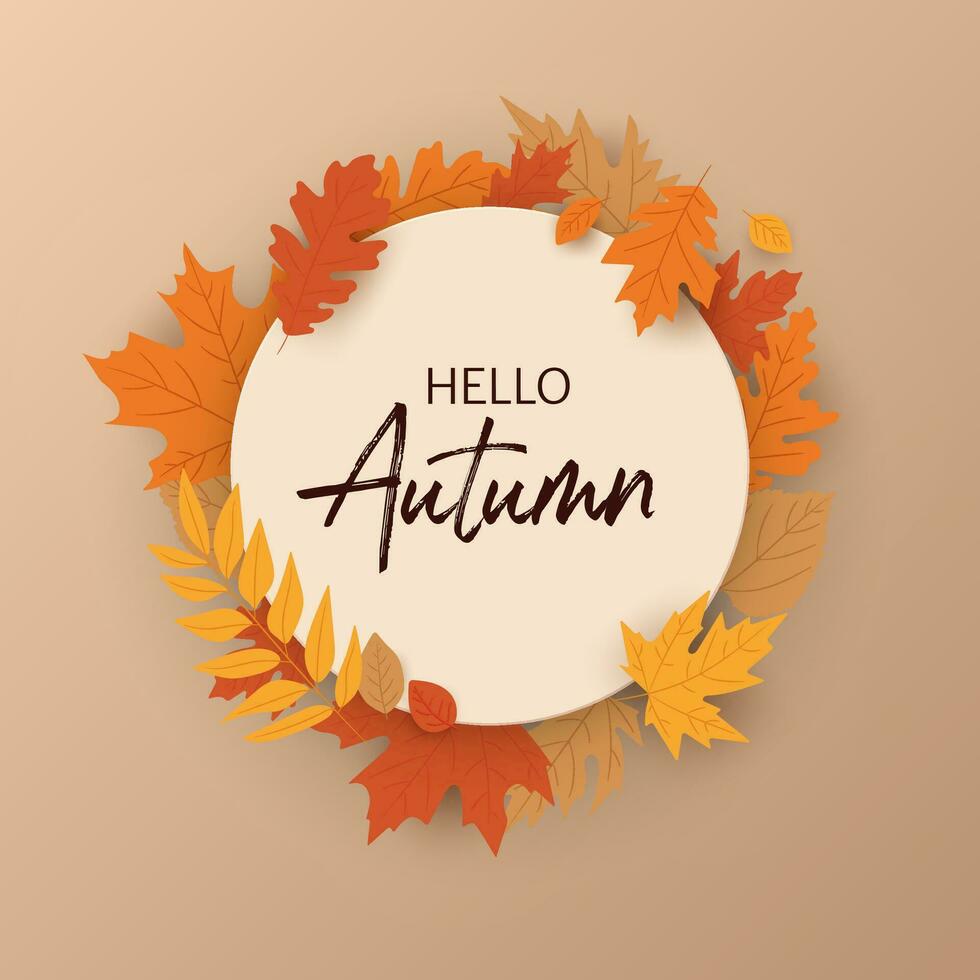 l'automne conception avec rond Cadre bannière Bonjour l'automne. avec vibrant feuilles et une circulaire conception, c'est idéal pour création une coloré et attrayant atmosphère pour le tomber saison. ne pas ai généré. vecteur