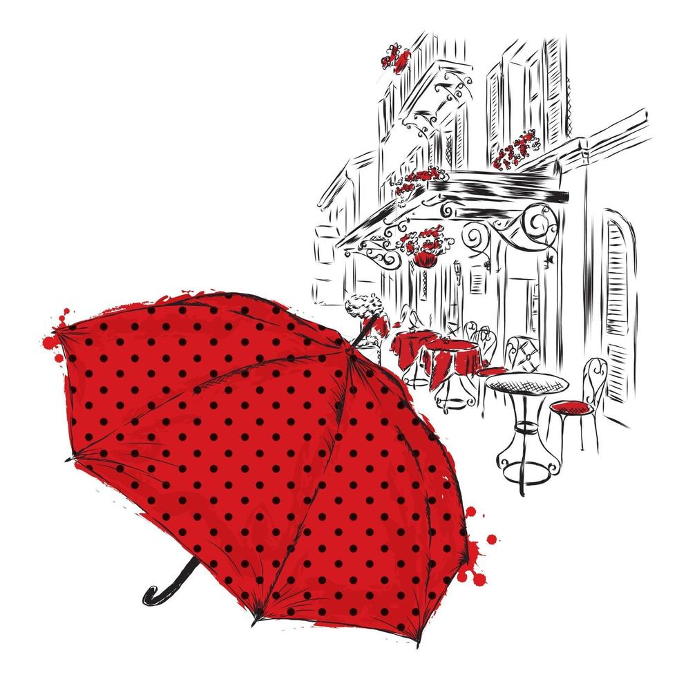 parapluie à pois dans une rue de la ville. ancien. vecteur