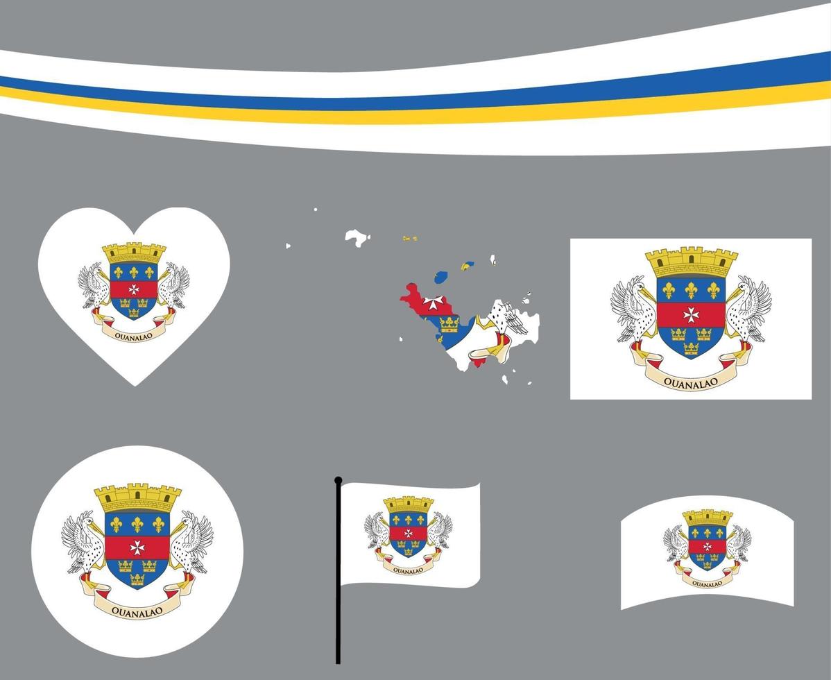 Ruban de carte de drapeau de saint barthelemy et icônes de coeur illustration vectorielle vecteur