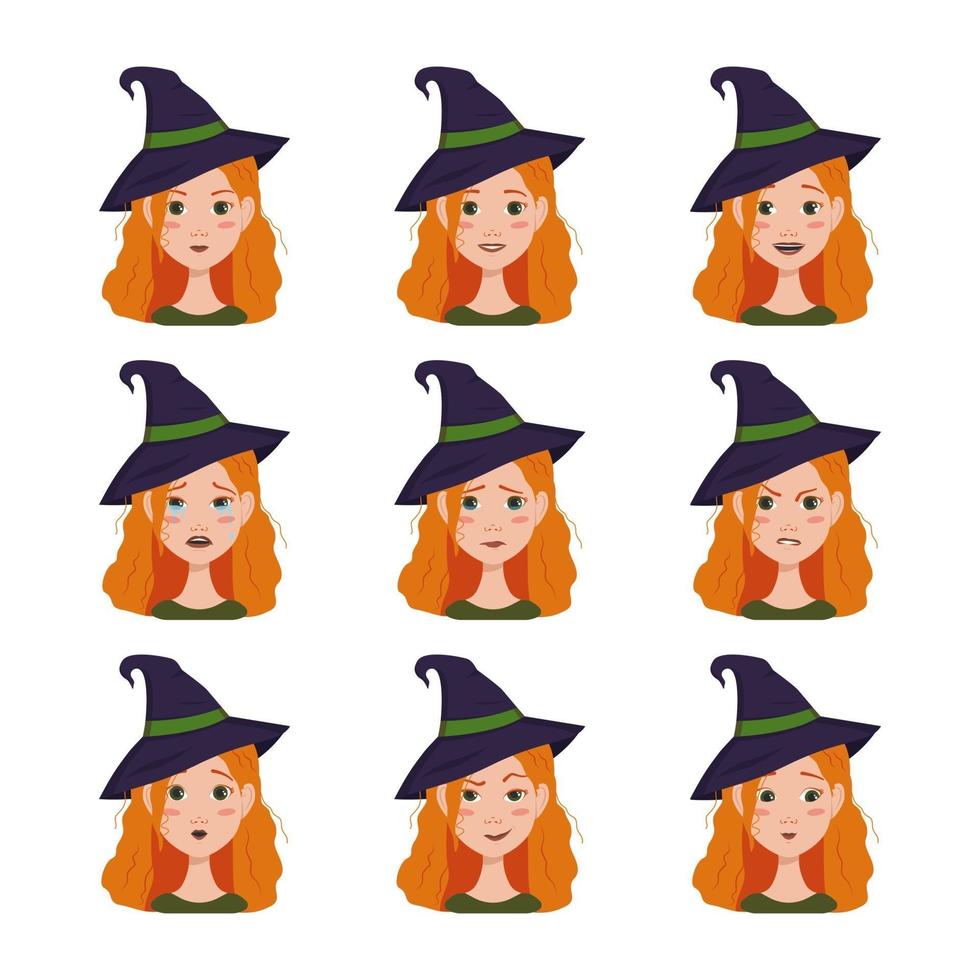 ensemble d'expressions faciales d'une femme aux cheveux rouges dans un chapeau de sorcière. vecteur