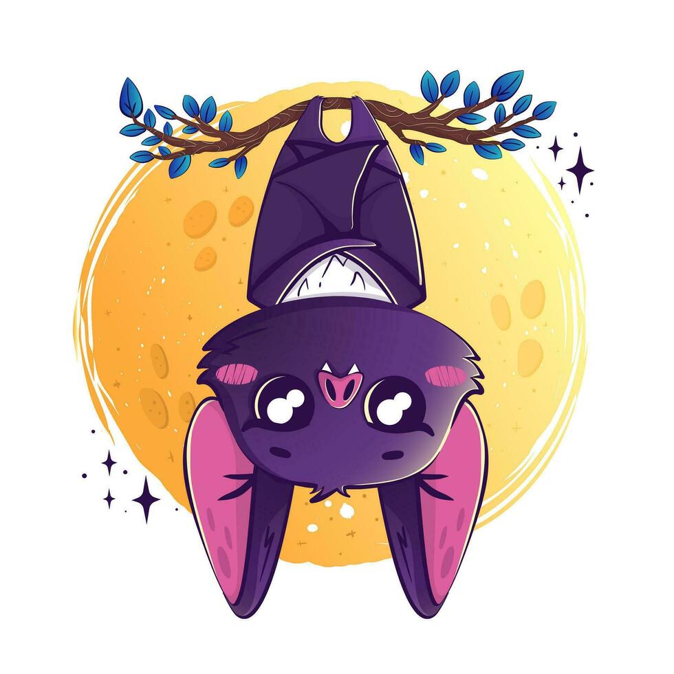 kawaii chauve souris pendaison à l'envers vers le bas sur une branche contre le toile de fond de le plein lune vecteur