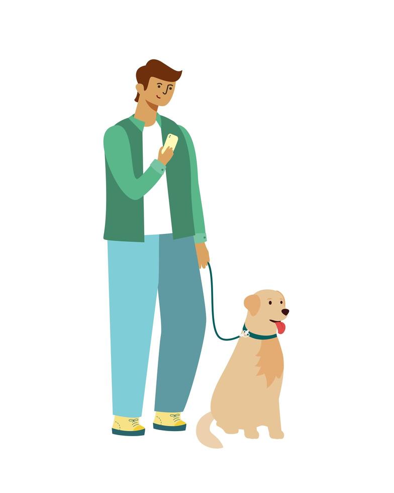 le jeune homme moderne se tient avec le chien et regarde dans le smartphone vecteur