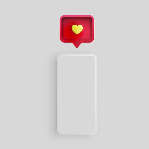 Téléphone mat réaliste avec bulle 3D de coeur et de la parole, illustration vectorielle vecteur