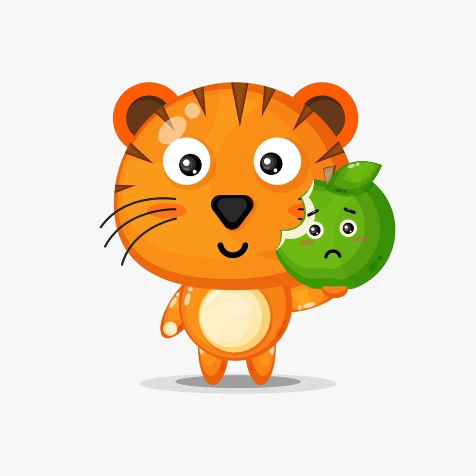 personnage de tigre mignon portant une pomme verte vecteur