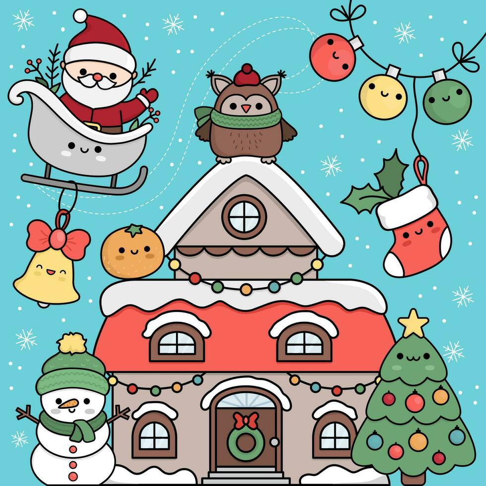 vecteur kawaii Noël scène avec Père Noël claus dans une luge, décoré loger, sapin arbre, bonhomme de neige, flocons de neige. Nouveau année illustration. marrant hiver vacances fête concept pour des gamins