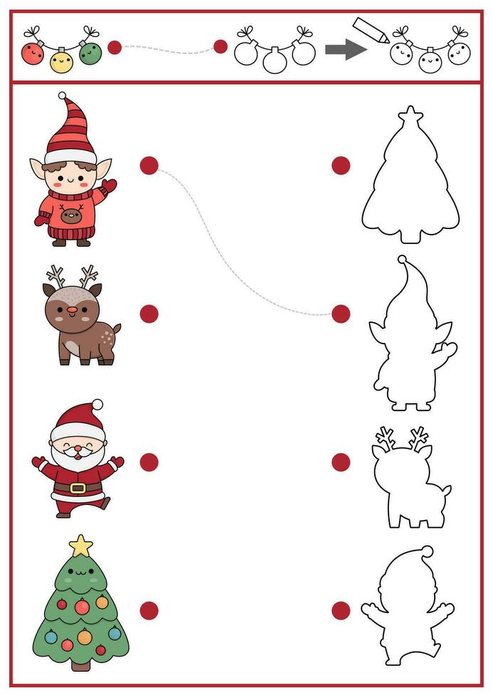 Noël forme correspondant à, coloration et dessin activité. hiver vacances puzzle avec mignonne kawaii Père Noël noël, cerf, arbre. trouver correct silhouette imprimable feuille de travail. Nouveau année page pour des gamins vecteur