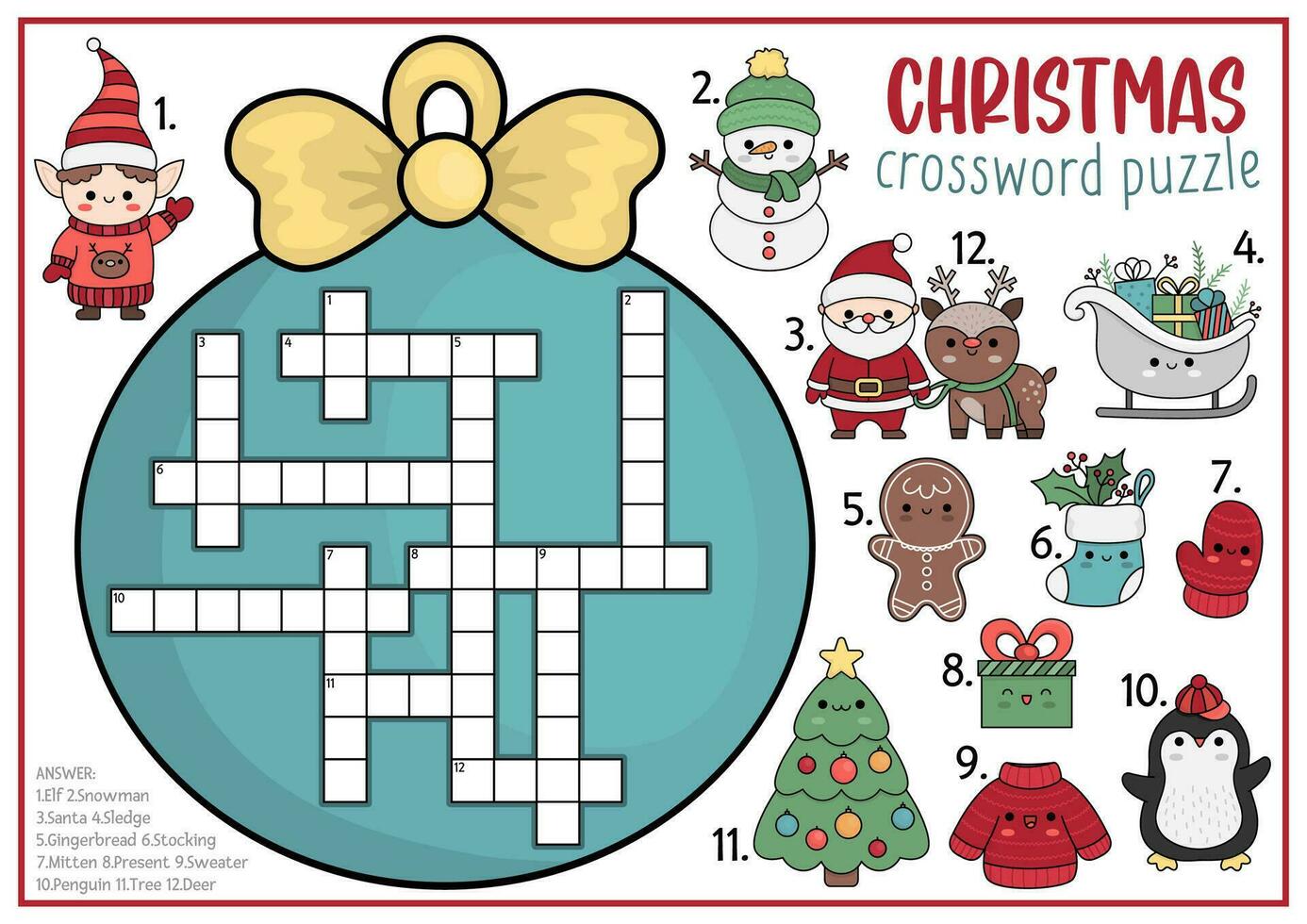 vecteur Noël Balle en forme de mots croisés puzzle pour enfants. hiver vacances quiz pour les enfants. éducatif activité avec kawaii symboles. mignonne Nouveau année Anglais Langue traverser mot avec Père Noël claus