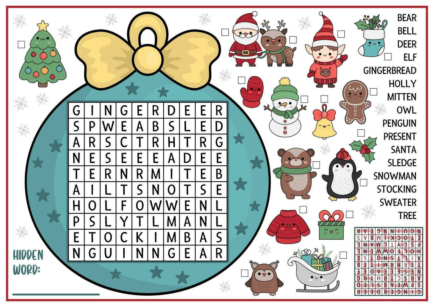 vecteur Noël Balle en forme de mot chercher puzzle pour enfants. hiver vacances quiz pour les enfants. éducatif activité avec kawaii symboles. mignonne Nouveau année Anglais Langue traverser mot avec Père Noël claus