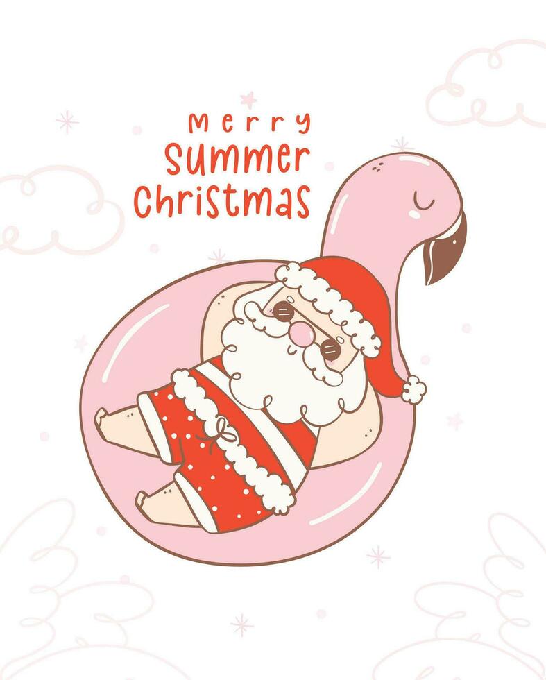 mignonne été Noël Père Noël claus bain de soleil sur flamant nager anneau, kawaii été Noël vacances dessin animé griffonnage. saison de donnant vecteur