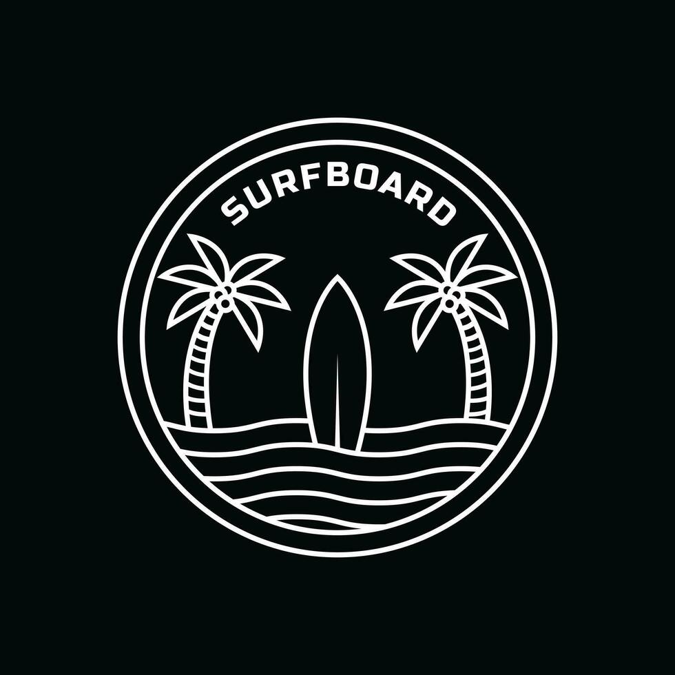 planche de surf et plage logo conception des idées avec paume des arbres vecteur