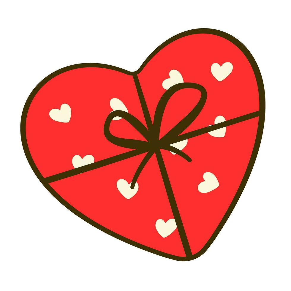 cadeau boîte dans le forme de le cœur avec arc et ruban. dessin animé plat icône vecteur