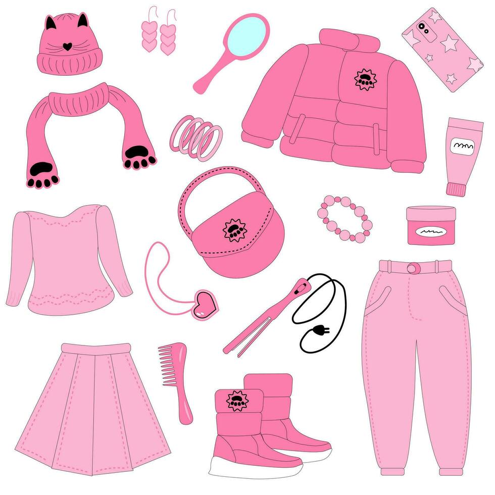 barbiecore ensemble avec rose vêtements et autre accessoires. saison l'automne hiver du froid saison. vecteur illustration eps10