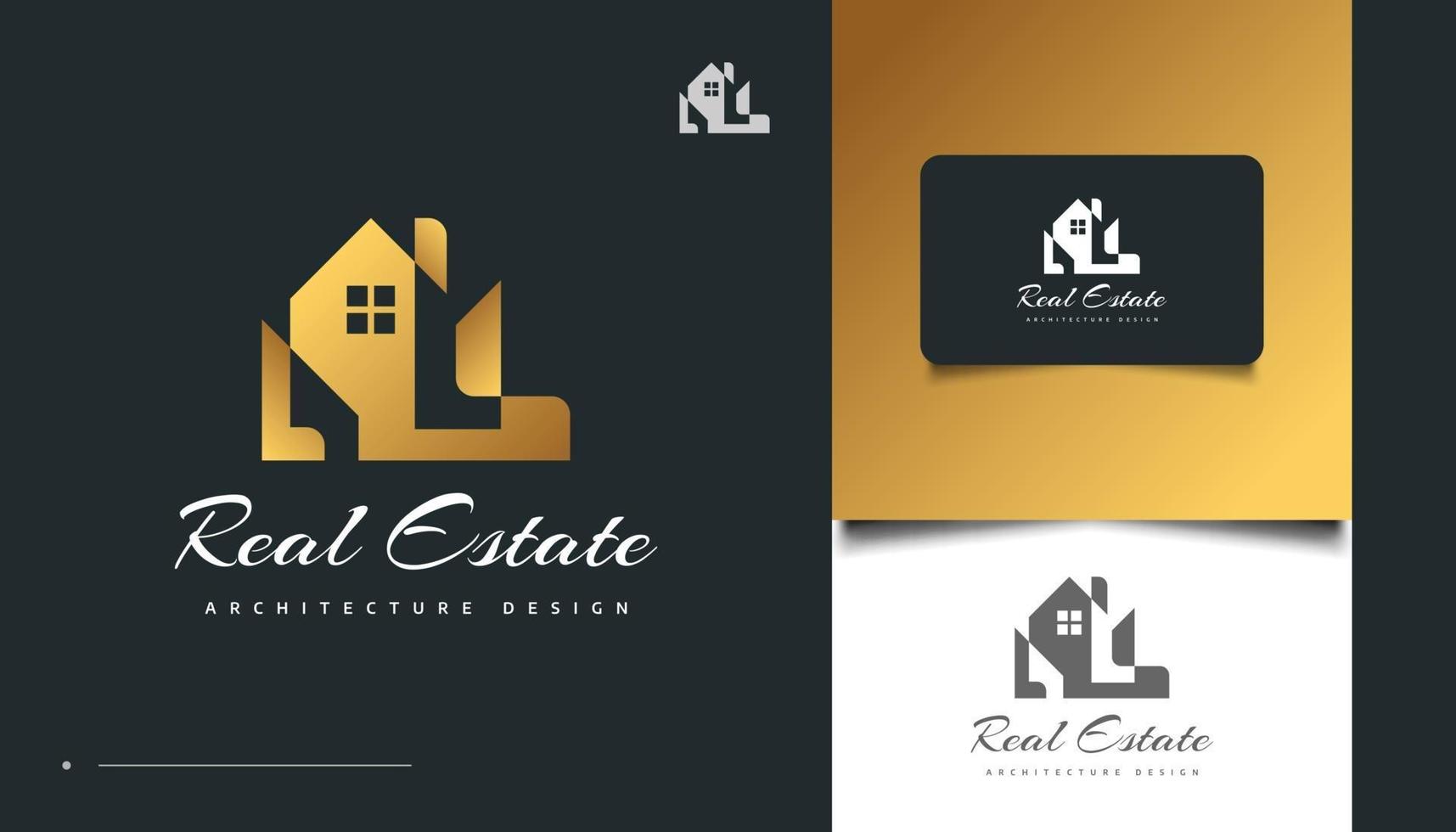 création de logo immobilier de luxe en or avec concept abstrait vecteur