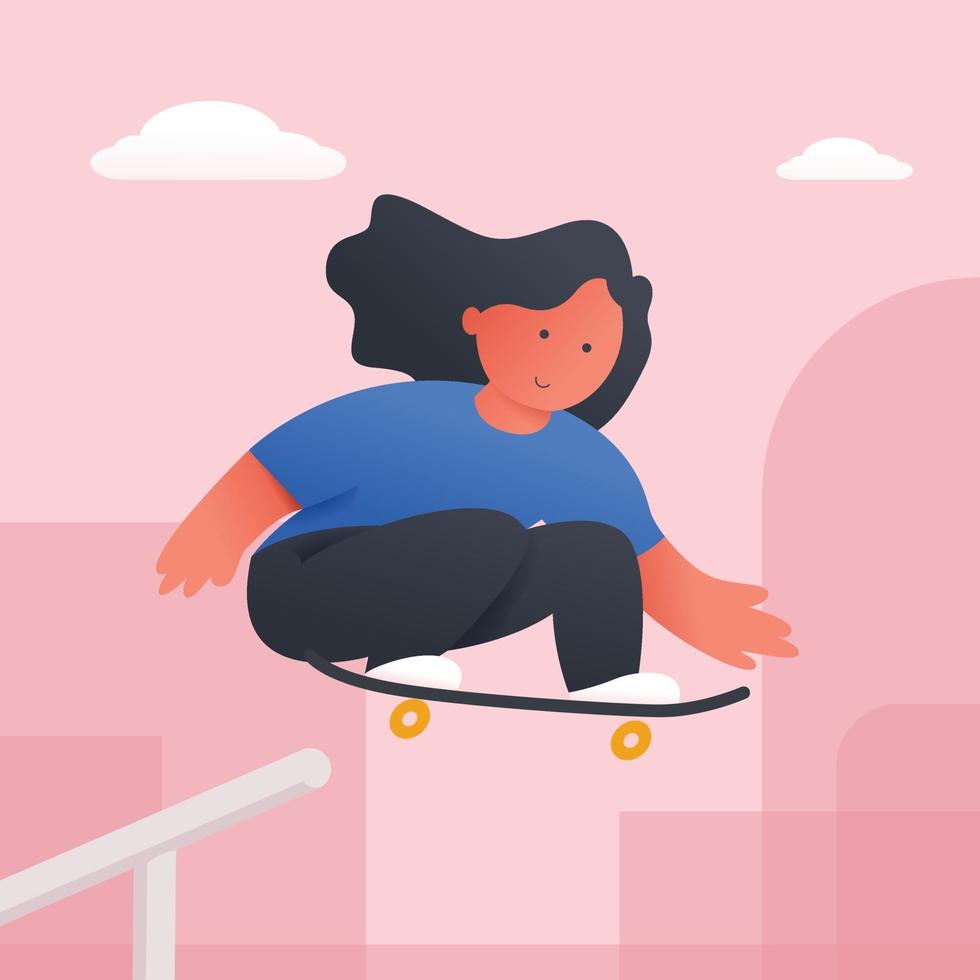 jolie petite fille jouant au skateboard dans un design plat tendance vecteur