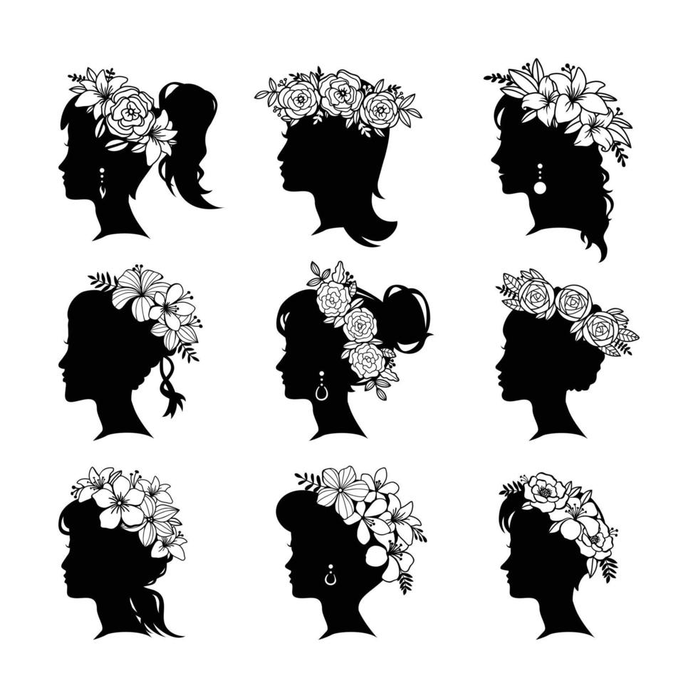 silhouette jeune femme coiffure avec des fleurs vecteur