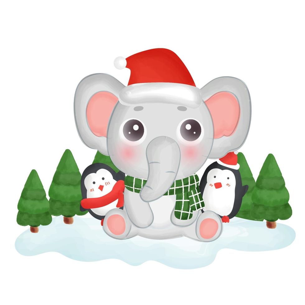 carte de Noël joyeux avec un éléphant mignon et des penuins. vecteur